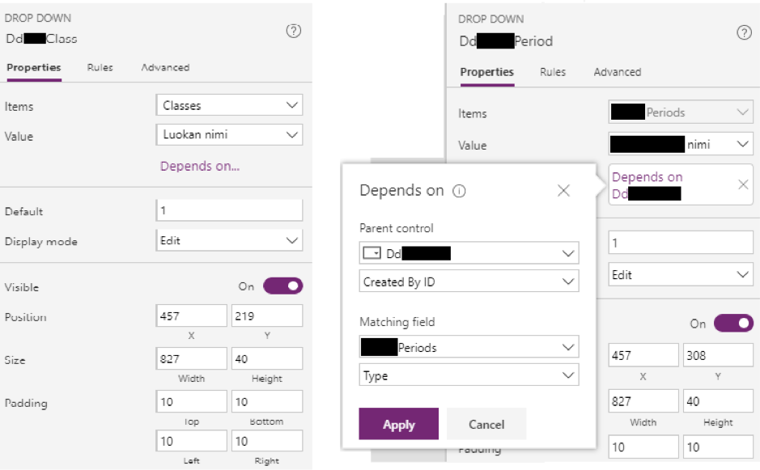 PowerApps, kontrolliriippuvuudet